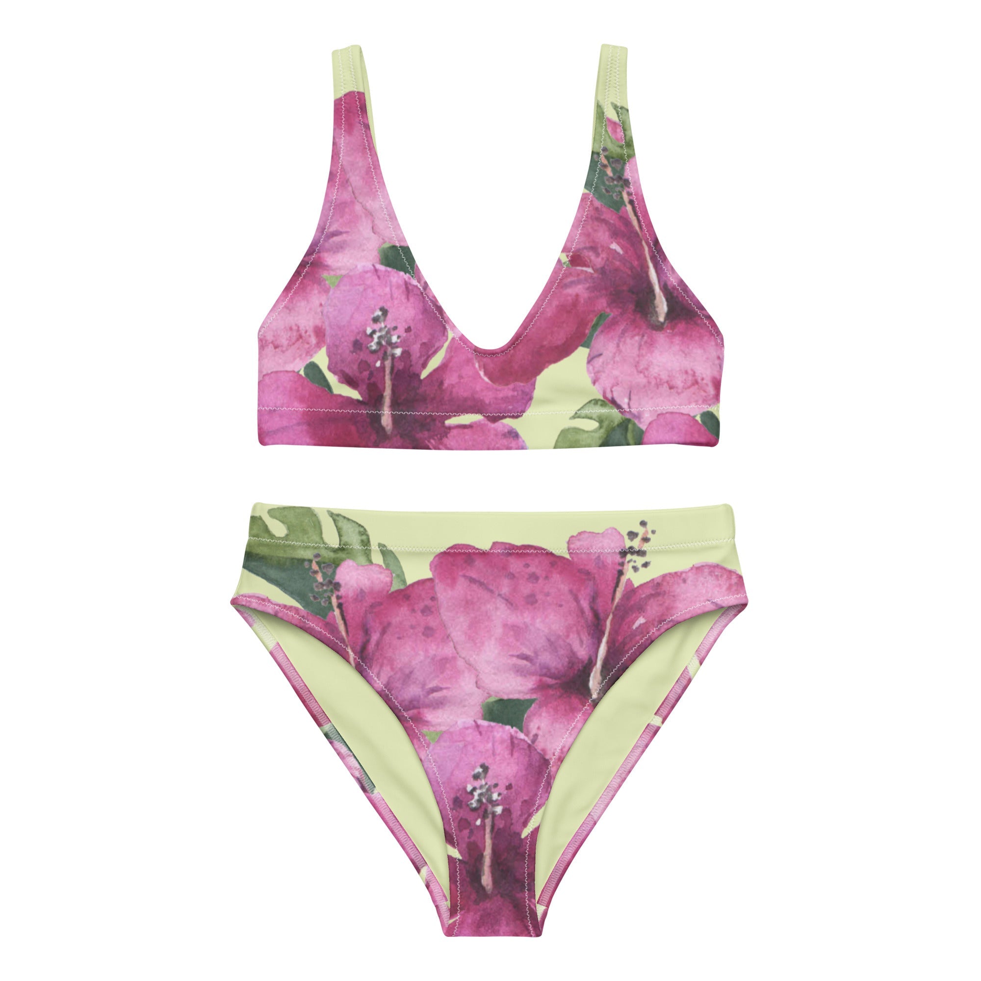 Recycelter High Waist Bikini Tropical Flower Pink/Grün - earlyfish